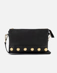 Bolso bandolera de piel color negro para mujer y detalles color dorado