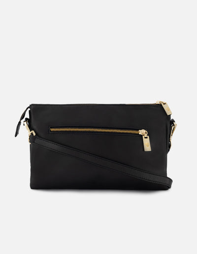 Bolso bandolera de piel color negro para mujer y detalles color dorado