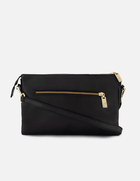 Bolso bandolera de piel color negro para mujer y detalles color dorado