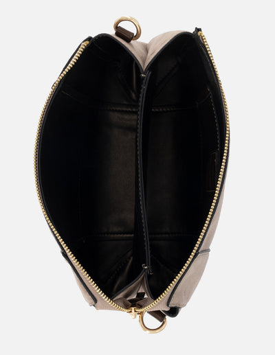 Bolso bandolera de textil color beige para mujer con detalles en piel
