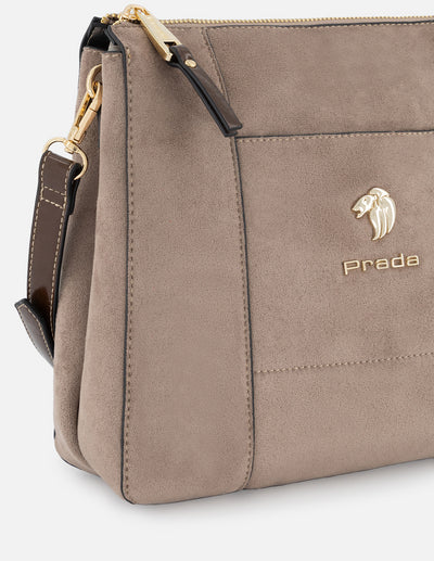 Bolso bandolera de textil color beige para mujer con detalles en piel