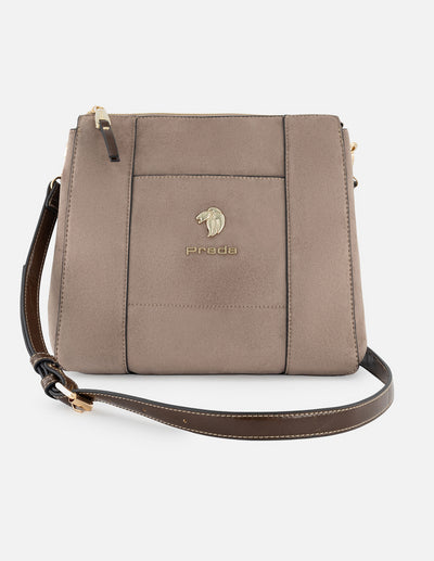 Bolso bandolera de textil color beige para mujer con detalles en piel