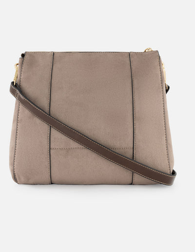 Bolso bandolera de textil color beige para mujer con detalles en piel