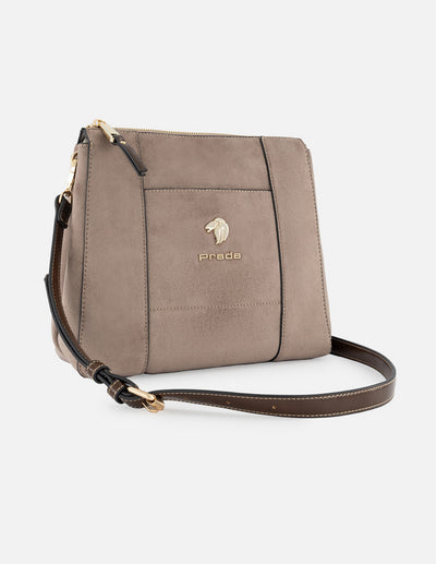 Bolso bandolera de textil color beige para mujer con detalles en piel