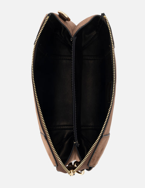 Bolso bandolera de textil color cuero para mujer con detalles en piel