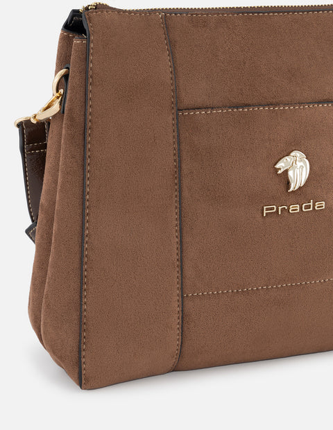 Bolso bandolera de textil color cuero para mujer con detalles en piel