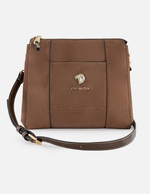 Bolso bandolera de textil color cuero para mujer con detalles en piel