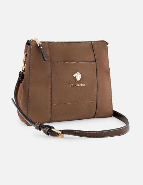 Bolso bandolera de textil color cuero para mujer con detalles en piel