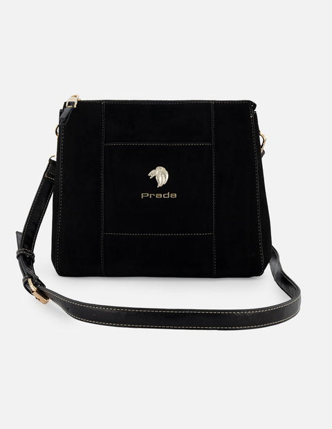 Bolso bandolera de textil color negro para mujer con detalles en piel