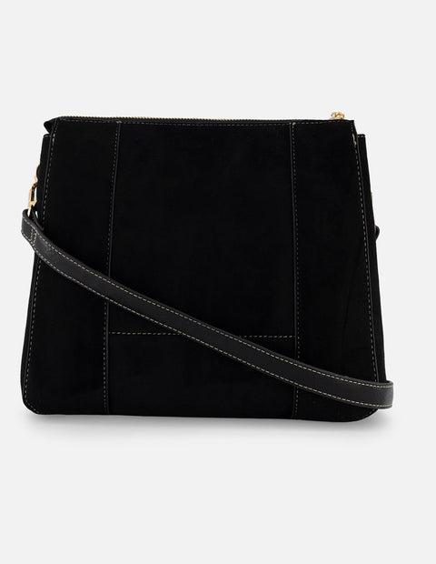 Bolso bandolera de textil color negro para mujer con detalles en piel