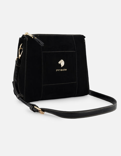Bolso bandolera de textil color negro para mujer con detalles en piel