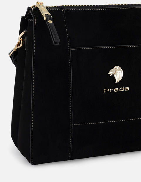 Bolso bandolera de textil color negro para mujer con detalles en piel