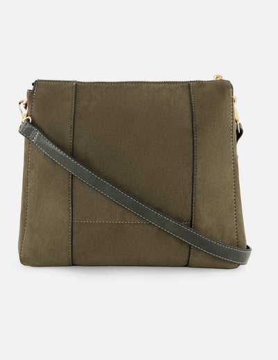 Bolso bandolera de textil color verde para mujer con detalles en piel