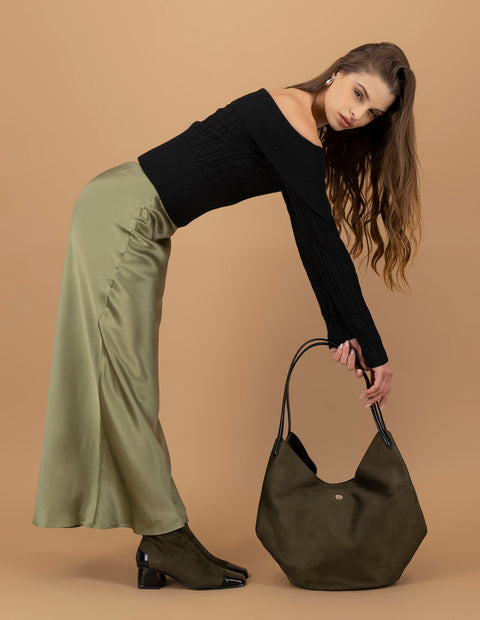 Bolso hobo de textil color verde para mujer con asa en charol