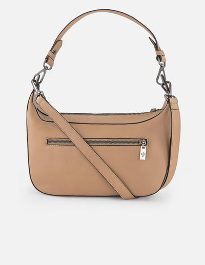 Bolso de hombro beige para mujer con charm metálico y doble compartimento