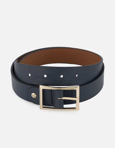 Cinturón reversible de piel color azul con reverso cuero para mujer con hebilla de color dorado