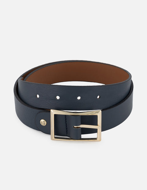 Cinturón reversible de piel color azul con reverso cuero para mujer con hebilla de color dorado