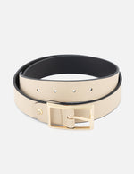 Cinturón reversible de piel color topo con reverso negro para mujer con hebilla de color dorado