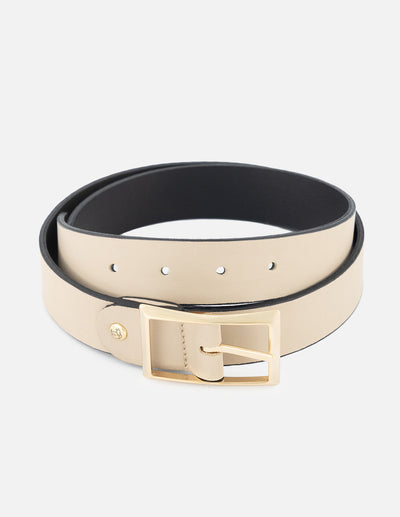 Cinturón reversible de piel color topo con reverso negro para mujer con hebilla de color dorado