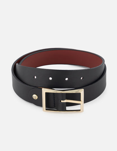 Cinturón reversible de piel color topo con reverso negro para mujer con hebilla de color dorado