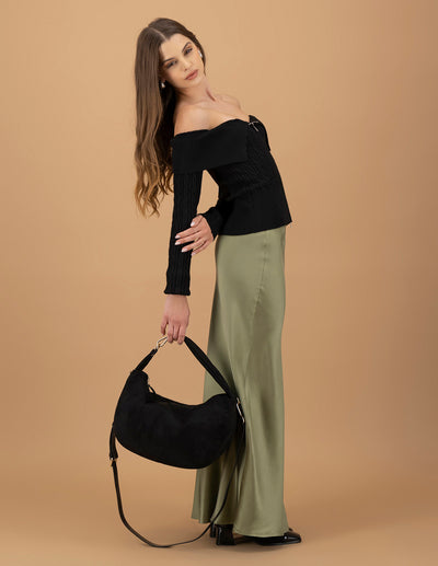 Bolso hobo de textil color negro para mujer con correa en charol