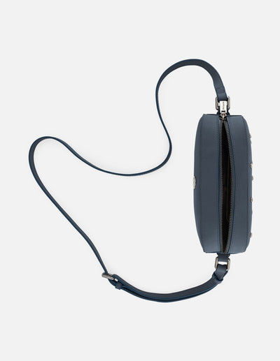 Bandolera de piel color azul para mujer con detalles en color níquel