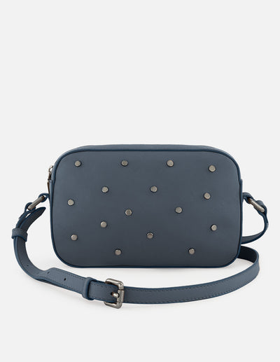 Bandolera de piel color azul para mujer con detalles en color níquel