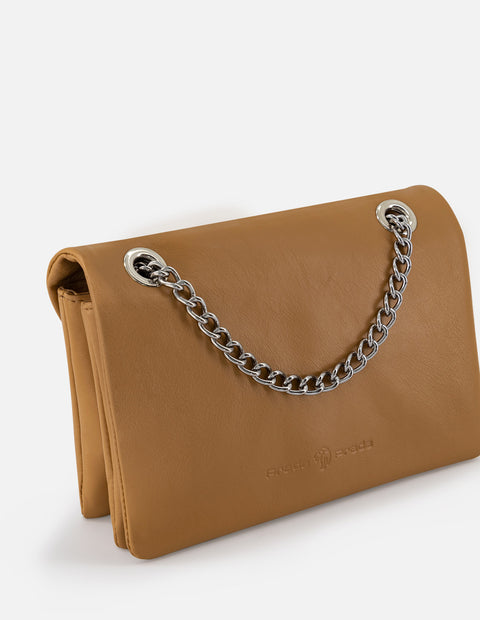 Bolso bandolera de piel para mujer color cuero con detalles color dorado