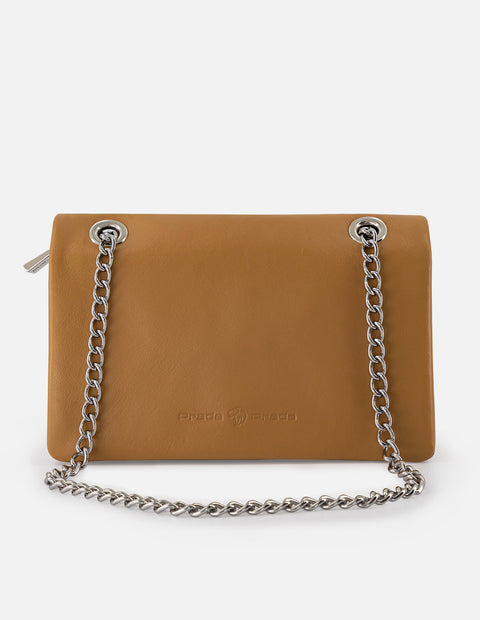 Bolso bandolera de piel para mujer color cuero con detalles color dorado