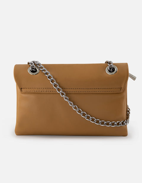 Bolso bandolera de piel para mujer color cuero con detalles color dorado