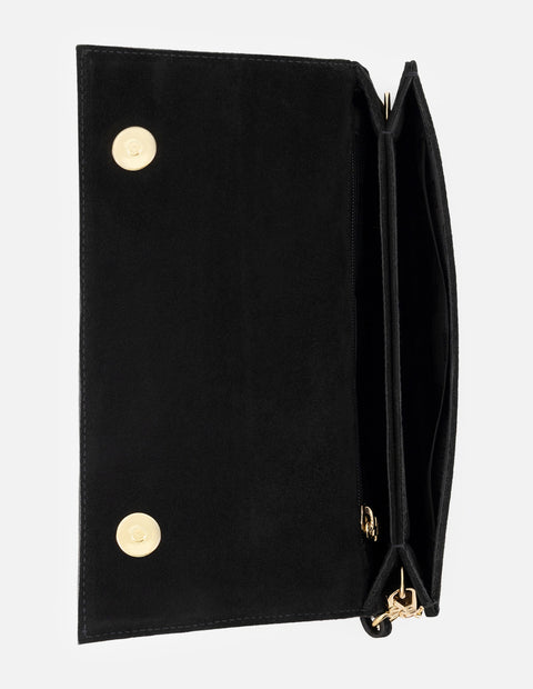 Clutch de ante para mujer color negro con muñequera desmontable