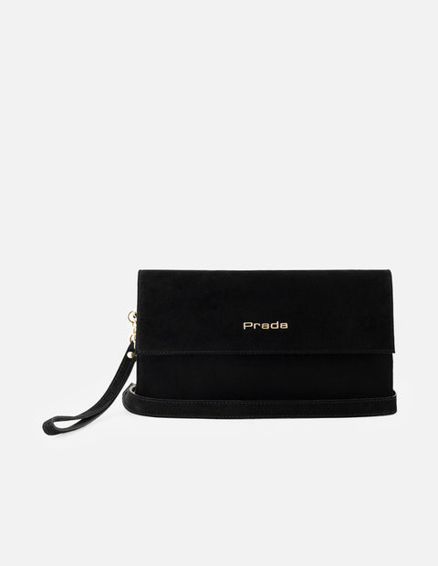 Clutch de ante para mujer color negro con muñequera desmontable