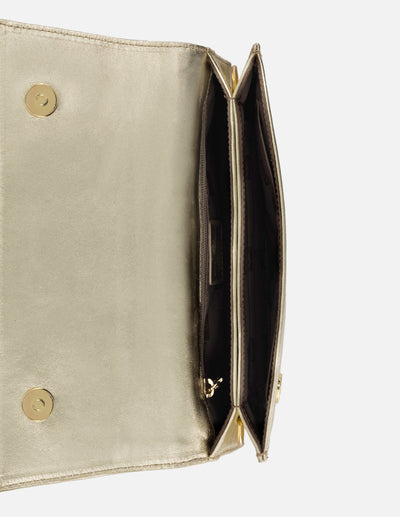 Clutch de piel metalizada para mujer color dorado con muñequera desmontable