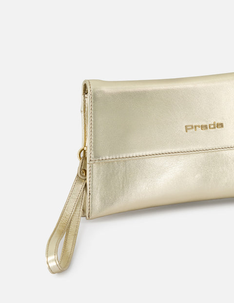 Clutch de piel metalizada para mujer color dorado con muñequera desmontable