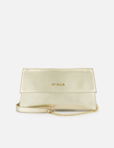 Clutch de piel metalizada para mujer color dorado con muñequera desmontable