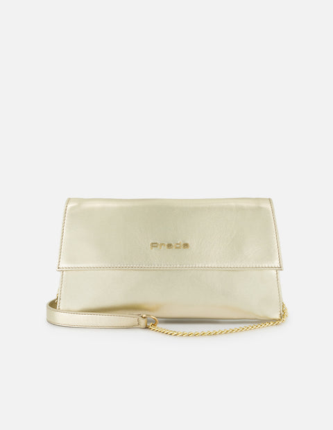 Clutch de piel metalizada para mujer color dorado con muñequera desmontable