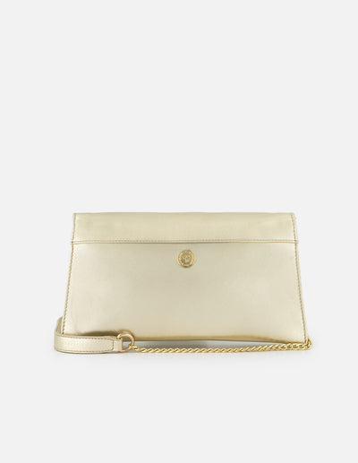 Clutch de piel metalizada para mujer color dorado con muñequera desmontable