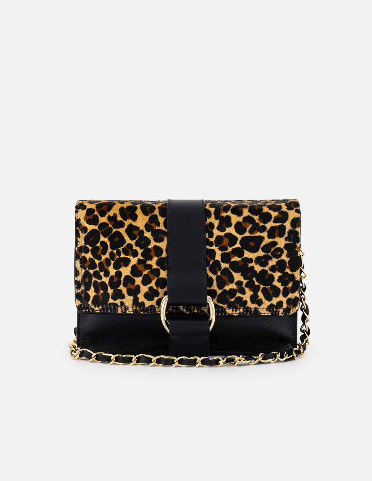 Bolso satchel de pelo animal print para mujer con detalles de piel color negro