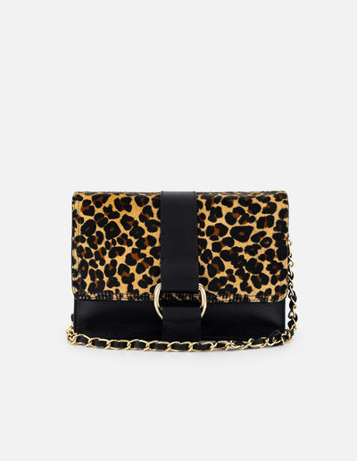 Bolso satchel de pelo animal print para mujer con detalles de piel color negro