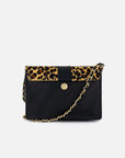 Bolso satchel de pelo animal print para mujer con detalles de piel color negro