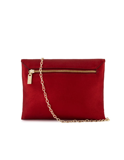 Clutch rojo en ante con glitter para mujer con herrajes dorados