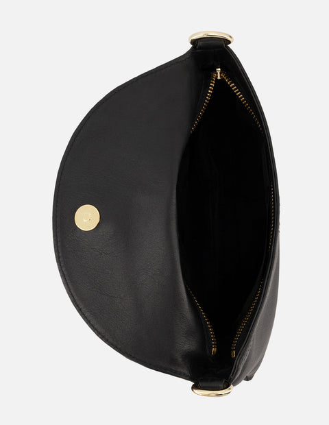 Bandolera negra en piel para mujer con flecos frontales