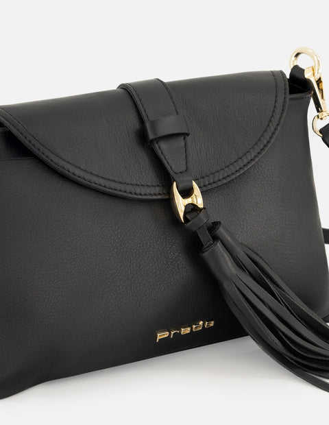 Bandolera negra en piel para mujer con flecos frontales