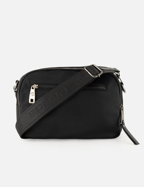 Bandolera negra en nylon para mujer con logo Pd y piel vegana