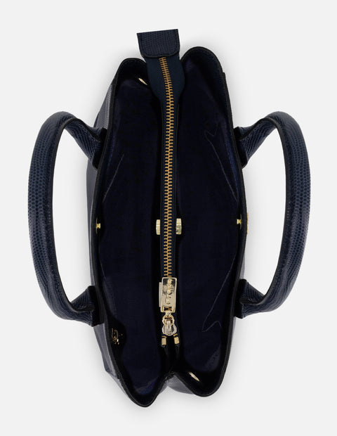 Satchel azul piel tipo tejus para mujer con acabado brillante