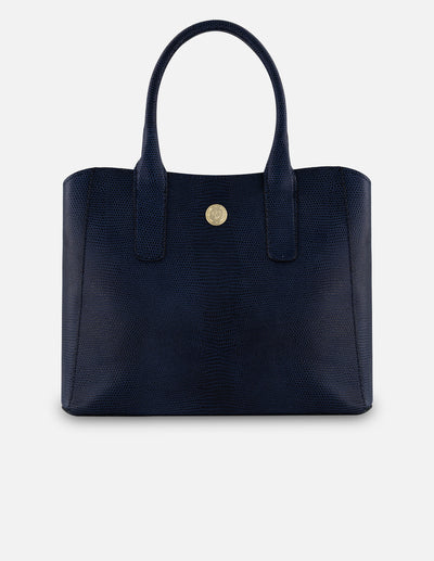 Satchel azul piel tipo tejus para mujer con acabado brillante