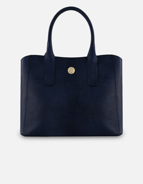 Satchel azul piel tipo tejus para mujer con acabado brillante