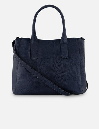 Satchel azul piel tipo tejus para mujer con acabado brillante