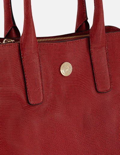 Satchel rojo piel tipo tejus para mujer con acabado brillante