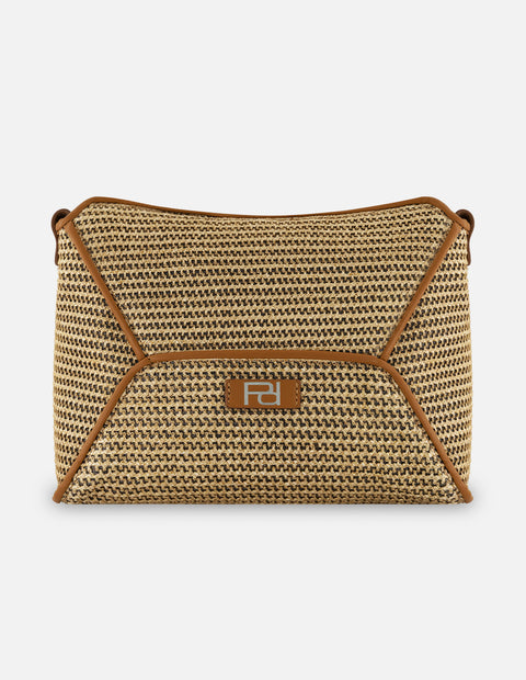 Bolso de hombro en rafia color cuero para mujer con tejido canasta